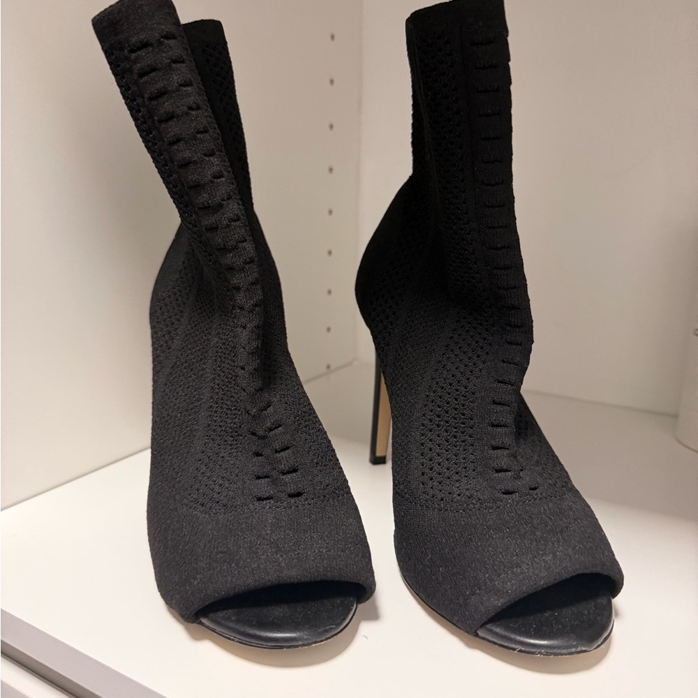 Black Peep-Toe Knit Ankle Boots